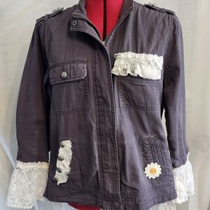 Grey Upcycled Jacket with Lace Accents